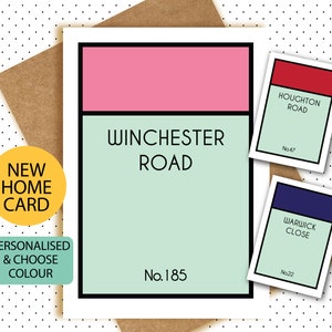 Tarjeta de felicitación de estilo Monopoly con la frase "Nueva casa, nuevo hogar" (tamaño A6 personalizado), incluye una impresión de regalo (tamaño A5, A4)