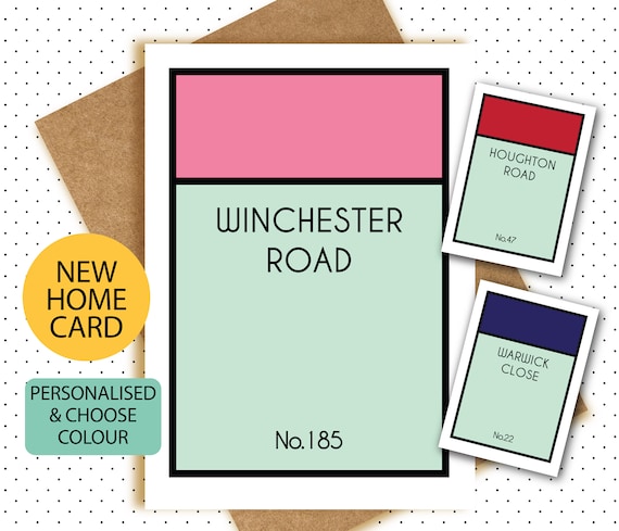 Monopoly Style New House, New Home Greeting Card - personalised A6 cute size - add a gifr print A5 A4