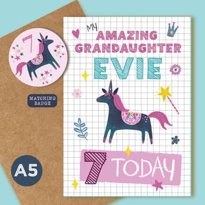 GRANDAUGHTER UNICORN Karte - Geburtstag - Add Name, Alter & Abzeichen - 2.3.4.5.6.7.8.9.10.11.12