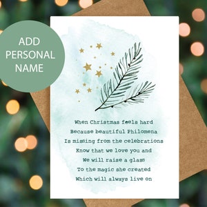 Ricordando - alza un bicchiere - Il Natale è una carta dura A6 - Ti amiamo - personalizzato - lutto dolore lutto acquerello stelle