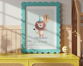 Impression d'art murale personnalisée Lion pour chambre d'enfants - à personnaliser avec son nom et ses initiales