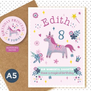 Daughter / Grandaughter / Neice - UNICORN BIRTHDAY CARD - Add Name, Age & Badge - children's girls  2nd 3rd 4th 5th 6th 7th 8th 9th pink