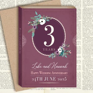 Biglietto di auguri per l'anniversario di matrimonio in stile libro - 3 anni di matrimonio - 3° anniversario - Biglietto per amanti dei libri Bridgerton Austen da 5 x 7 pollici - personalizzato