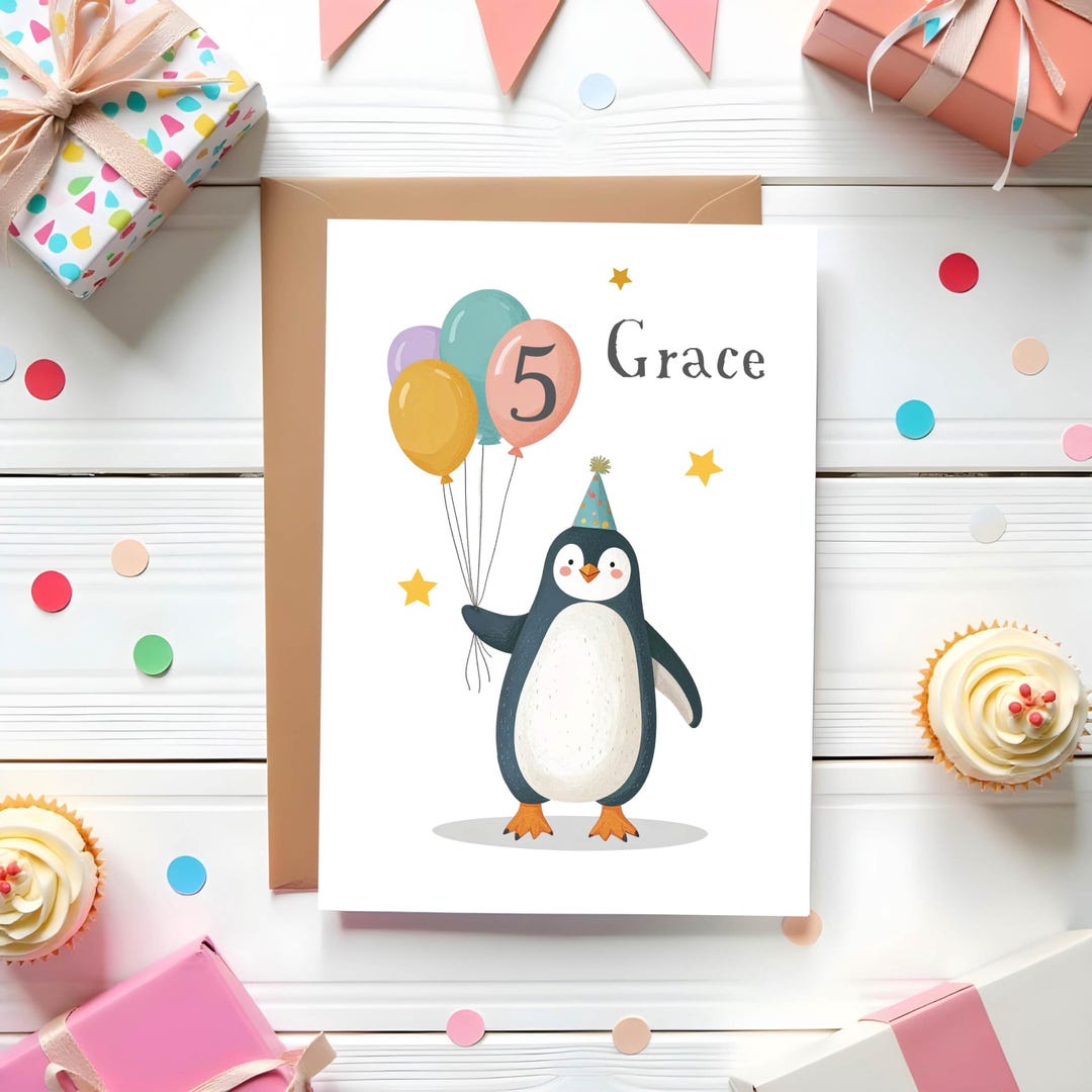 Personalised Penguin Birthday Card and Badge - Custom Name and Age 1 2 ...