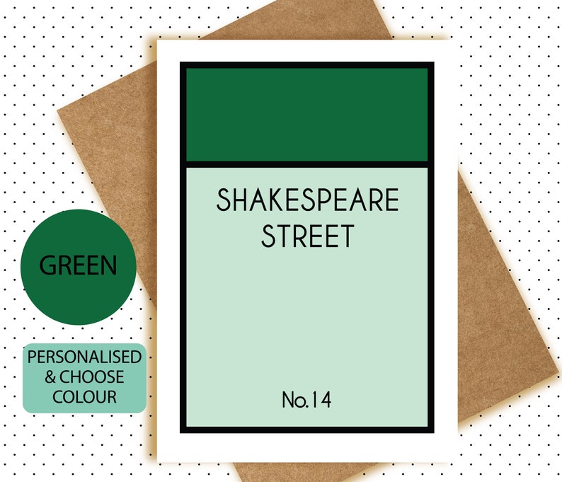 Pu&ograve; includere: Una carta verde e verde chiaro con testo nero che dice "Shakespeare Street No. 14".