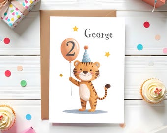 Personalised Tiger Birthday Card and Badge - Custom Name and Age  1 2 3 4 5 6 7 8 9 10 11