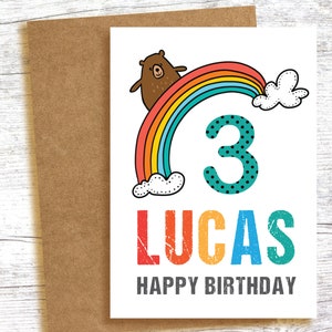 Biglietto di compleanno per bambini Orso arcobaleno PERSONALIZZATO - QUALSIASI età QUALSIASI nome - disegno colorato 1 2 3 4 5 6 7 8 9 10 due tre quattro cinque sei sette