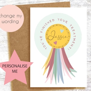 La cura contro il cancro è finita! Congratulazioni per aver suonato la campanella! Biglietto A6 personalizzato e carino - illustrazione di medaglia colorata.