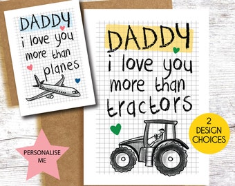 Planes - Tractors - Birthday card and Badge - Daddy - Grandad - personalise - child - love you more than. . . Fathers Day