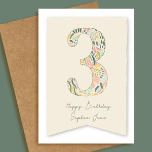 Banner di compleanno A6 per bambini con numero personalizzato e biglietto da visita - 1° 2° 3° 4° 5° 6° 7° 1 2 3 4 5 6 7 - Design organico con foglie verdi