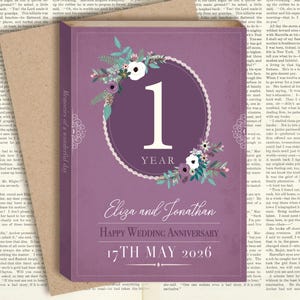 Biglietto di anniversario di matrimonio in stile libro - 1 anno di matrimonio - Biglietto per amanti dei libri Bridgerton Austen da 5 x 7 pollici con busta kraft - personalizzato