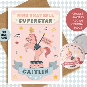 Tessera e badge per il cancro - Design rosa del cavallo del circo - ottimo per bambini - ragazze e ragazzi - luminoso - fine del trattamento - chemio suona il campanello