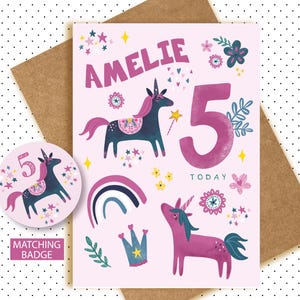 CARTÃO DE ANIVERSÁRIO DE UNICÓRNIO - Adicione nome, idade e crachá - crianças meninas filha sobrinha neta 2º 3º 4º 5º 6º 7º 8º 9º rosa verde
