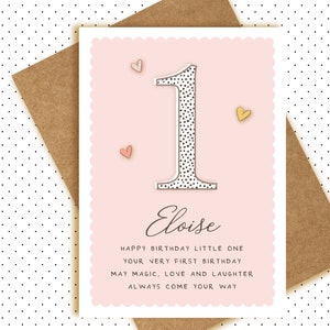 Carte personnalisée 1er anniversaire - carte de visite rose festonnée pour filles -