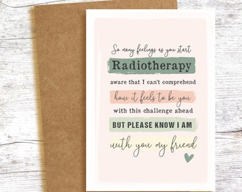 May include: A card with a pink and green colour scheme and the text "So many feelings as you start Radiotherapy aware that I can't comprehend how it feels to be you with this challenge ahead BUT PLEASE KNOW I AM with you my friend".