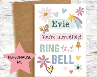 Ring that bell! Personalised Happy hearts and flowers card to celebrate the end of cancer treatment.