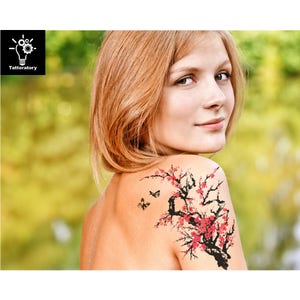 Watercolor Temporary Tattoo Watercolor Tattoo Cherry Blossom Tattoo Japanese Temporary Tattoo Sakura Tattoo Tree Tattoo Shoulder Tattoo image 2