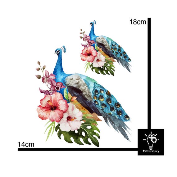Paon Tatouage Temporaire Paon Tatouage Peacock Faux Tatouage Aquarelle Tatouage Hibiscus Tatouage Fleur Tatouage épaule Tatouage Dos Tatouage