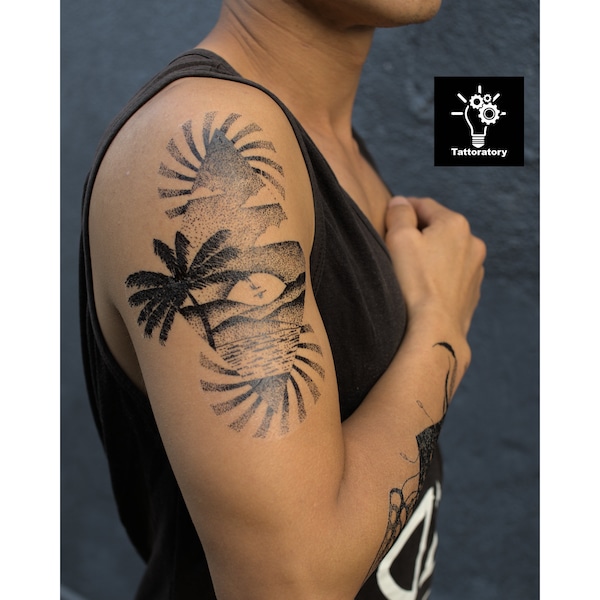 Dotwork Beach Tattoo Sleeve pour les amoureux de la plage, Tatouage de palmier et de soleil, Tatouage de manche tropicale avec coucher de soleil, Tatouage de paysage Avant-bras