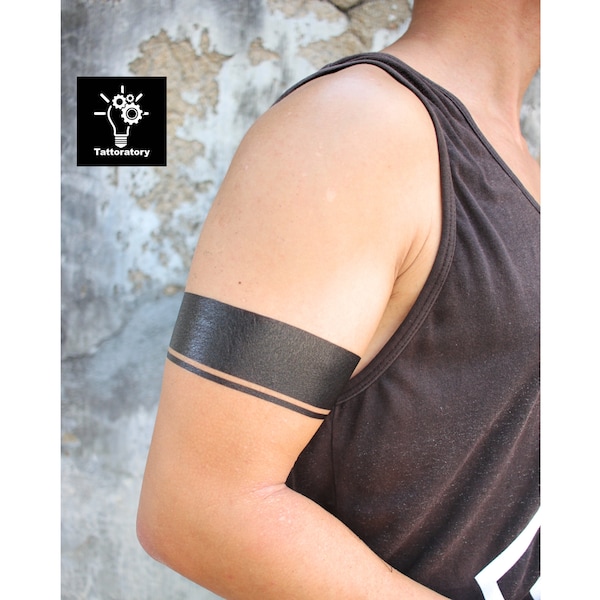 Simple Black Bicep Armband Tattoo for Men, Solid Black Arm Band Tattoo, Upper Armband Tattoo, Single Black Fine Line Temporary Tattoo