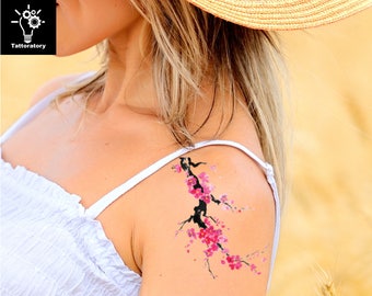 Cherry Blossom Tattoo Watercolor Tattoo Sakura Tattoo Watercolor Flower Tattoo Shoulder Tattoo Neck Tattoo Leg Temporary Tattoo Thigh Tattoo