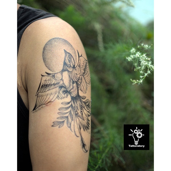 Dotwork Sparrow Tattoo with Flying Wings on Upper Arm, Symbol of Love / Freedom / Friendship, Large Black Sparrow Bird Tattoo with Sun