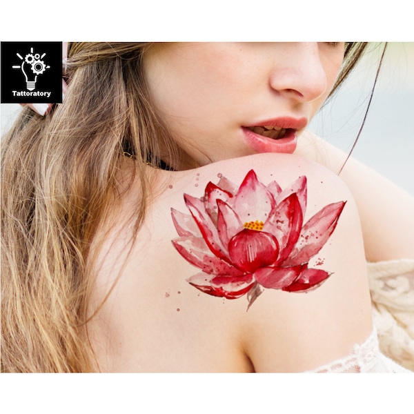 Tatouage temporaire de lotus Tatouage de lotus Lotus faux tatouage Tatouage aquarelle Tatouage de fleur Tatouage de fleur aquarelle Lotus rouge Grand tatouage floral