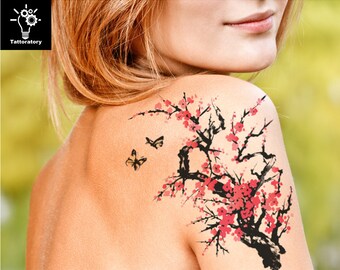 Watercolor Temporary Tattoo Watercolor Tattoo Cherry Blossom Tattoo Japanese Temporary Tattoo Sakura Tattoo Tree Tattoo Shoulder Tattoo