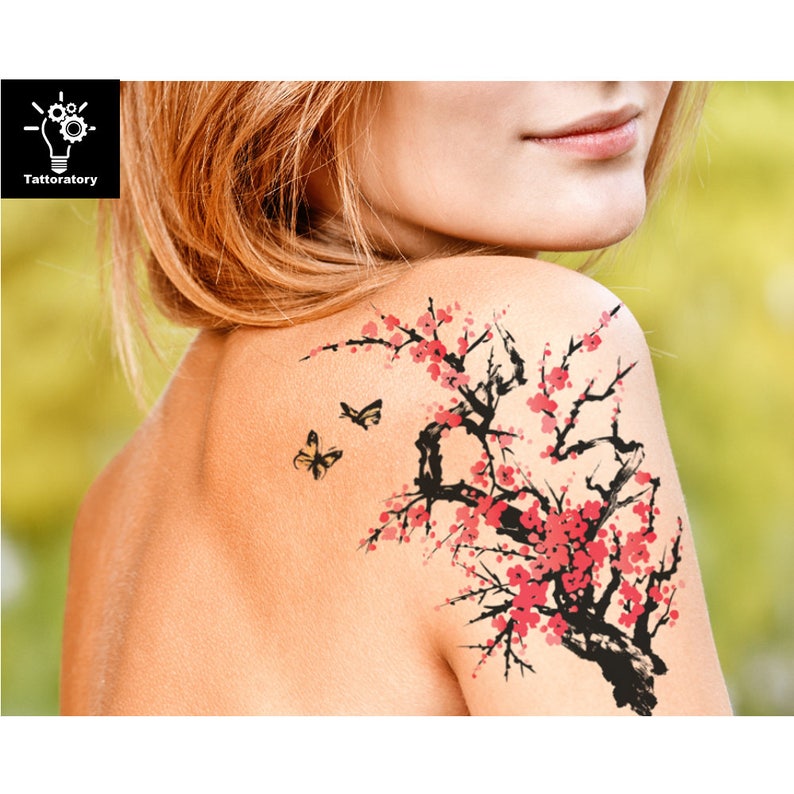 Watercolor Temporary Tattoo Watercolor Tattoo Cherry Blossom Tattoo Japanese Temporary Tattoo Sakura Tattoo Tree Tattoo Shoulder Tattoo image 1