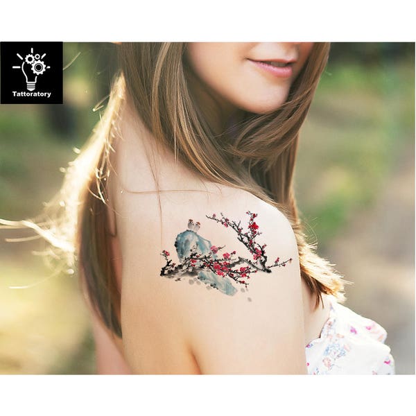 Watercolor Temporary Tattoo Watercolor Tattoo Cherry Blossom Tattoo Japanese Temporary Tattoo Sakura Tattoo Tree Tattoo Thigh Tattoo