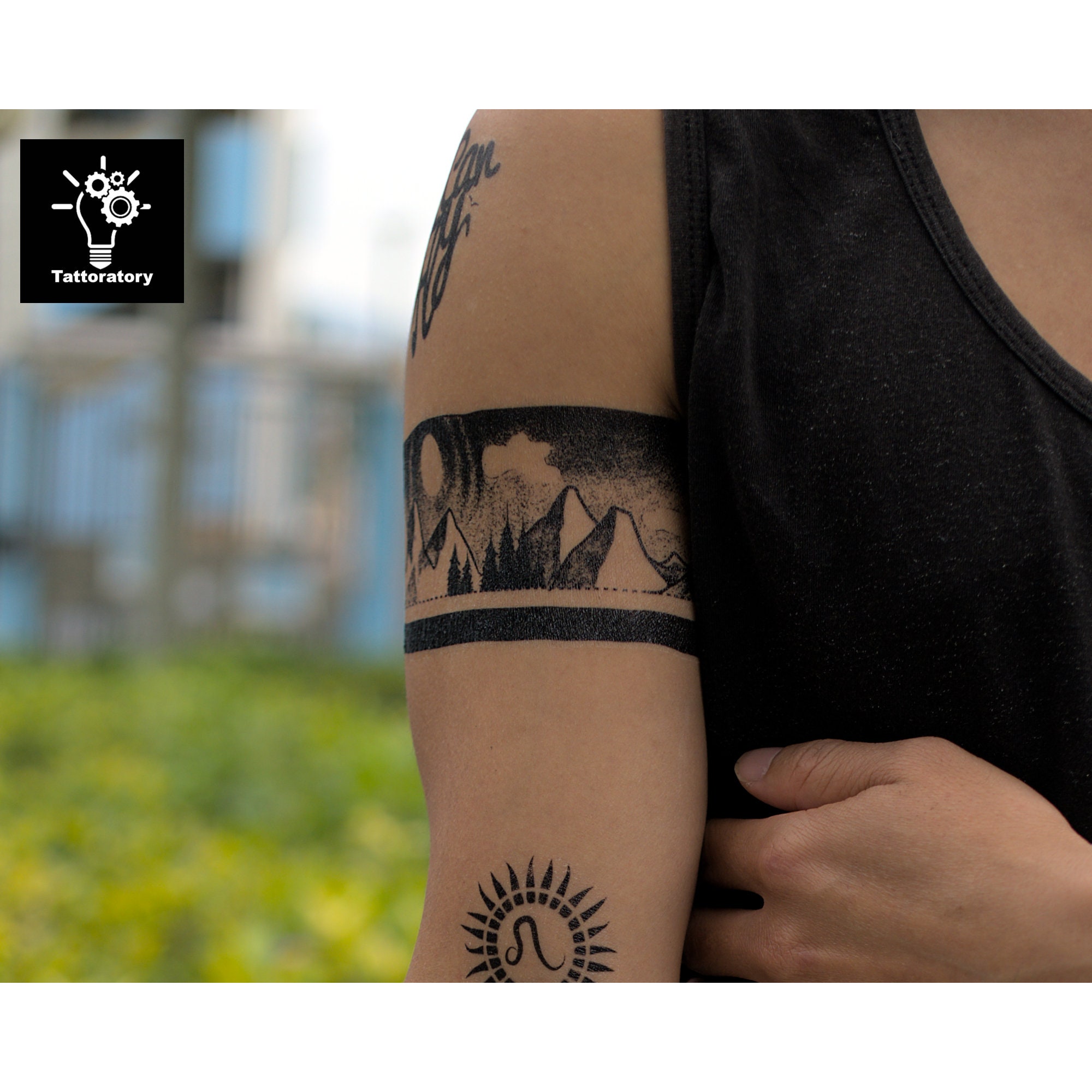 Landscape Armband Tattoo for Ladies, Geometric Armband Tattoo, Dotwork