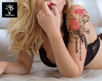 Flower Temporary Tattoo Large Floral Tattoo Sleeve for Women Watercolor Flower Tattoo Boho Tattoo Hibiscus Tattoo Faux Tatouage Temporaire