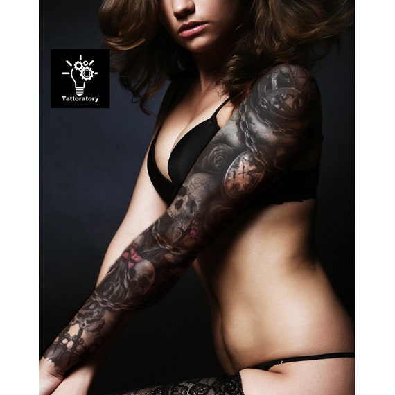 Gothic Temporary Tattoo Sleeve For Women Fake Tattoo Sleeve Skull Rose Tattoo Full Arm Tattoo Black And Grey Tattoo Faux Tatouage Temporaire