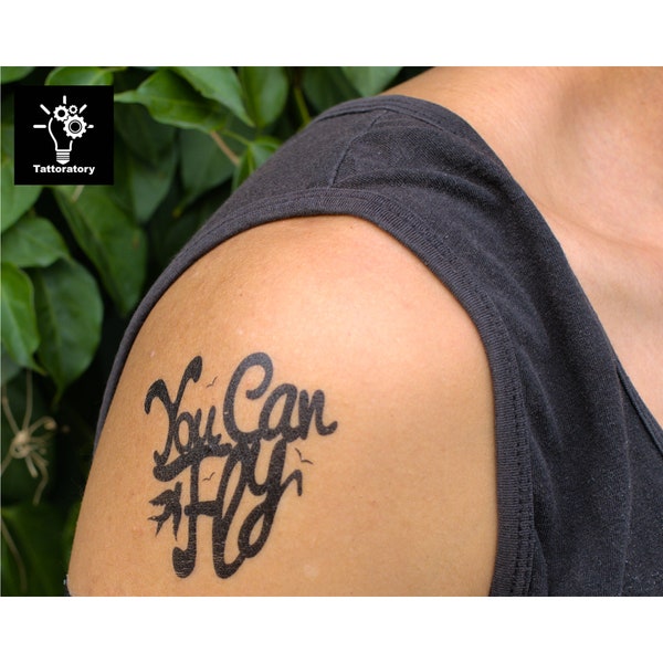 You Can Fly Tattoo, costume de cosplay Peter Pan, meilleur autocollant de tatouage inspiré de Disney pour Halloween, citation positive de tatouage temporaire pour enfant