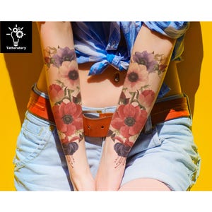 Large Floral Temporary Tattoo Sleeve for Female Forearm, Floral Half Sleeve Tattoo, Floral Arm Tattoo, Watercolor Flower Fake Tattoo Sleeve image 1