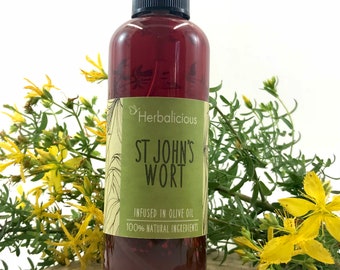 Saint John's wort infused oil, organic body oil, Hypericum perforatum, extra virgin olive oil, herbal massage oil, myHerbalicious