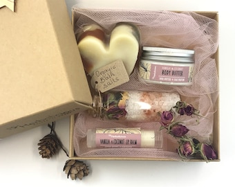 Vanilla coconut gift box for girlfriend, Valentines spa gift for her, coconut milk soap, body butter, lip balm, bath salts, hygge gift