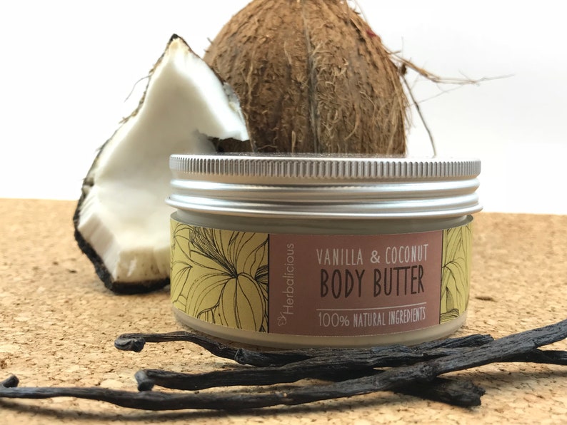 Vanilla coconut body butter, natural body butter, organic moisturizer, natural skin care, organic body butter, gift for her, Myherbalicious image 2