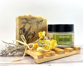 Silk protein face treatment set for dry skin, goat milk & honey soap, organic face cream, aloe day cream, natural skin care