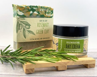 Aloe face treatment set for oily skin, rosemary & green clay soap, organic face cream, combination skin day cream, organic skin care