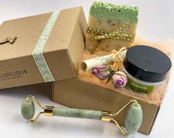 Face care spa kit with jade roller, face massage, organic moisturizer, prickly pear soap, facial roller, Valentines day gift box for wife