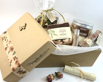 Chocolate lover gift, easter gift box, spa gift for girlfriend, chocolate soap, body butter, lip balm, bath salts, herbal tea, self care