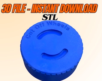 May include: A bright blue, circular object with the text "Cut Off Wheels" and two curved slots. The image also includes the text "3D FILE - INSTANT DOWNLOAD" and "STL".