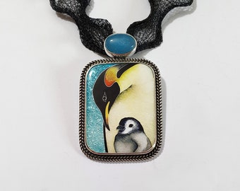 Penguin with her baby. Pendant. Georgian cloisonne enamel. Sterling silver. Author's work. Handmade Jewelry. Gemstone aquamarine