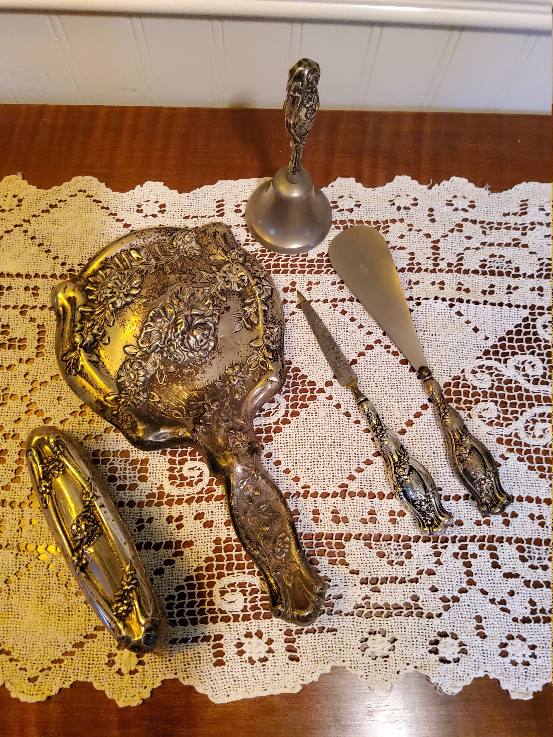 Elegance silver antique 3 deals piece silver dresser set