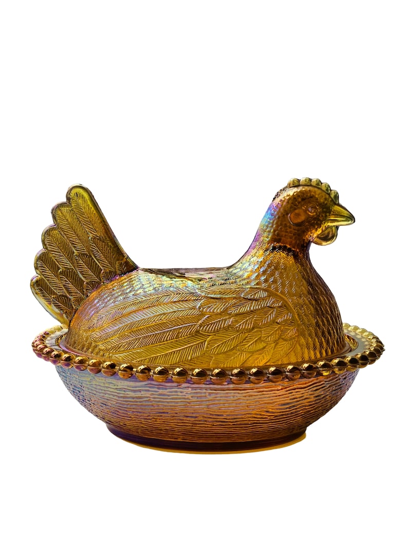 Indiana Glass Hen on Nest Iridized Amber