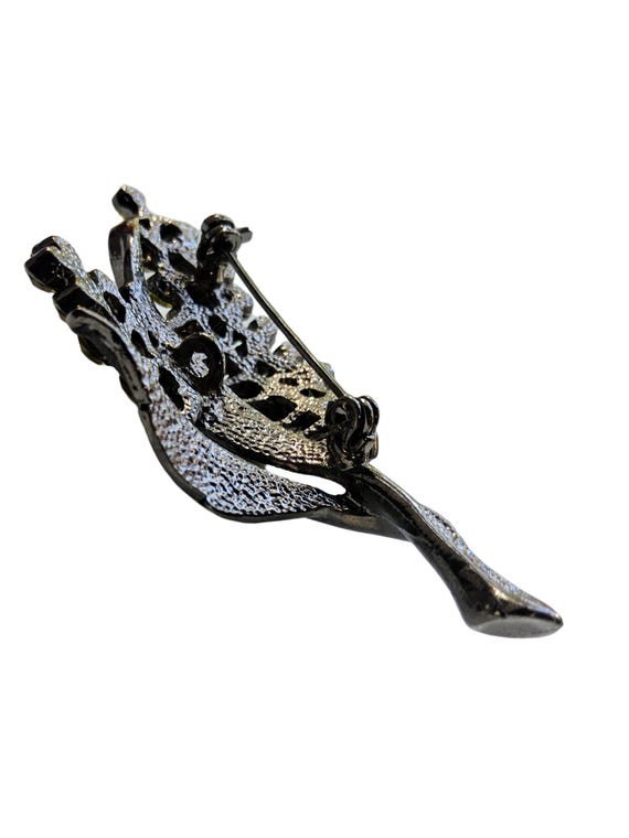 Silvertone Leaf Brooch with Green Rhinestones - image 4