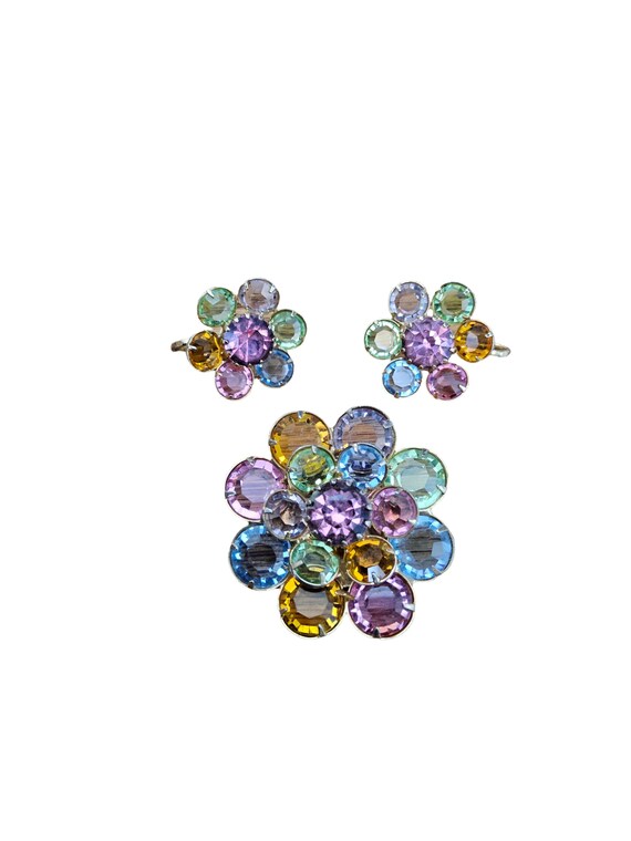 Earring and Brooch Set with Multi Color Pastel Rh… - image 1