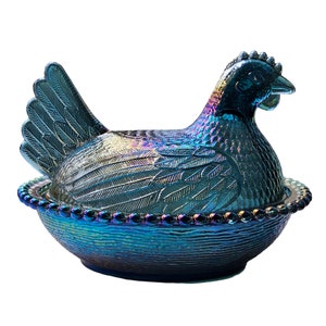 Indiana Glass Hen on Nest Iridized Teal