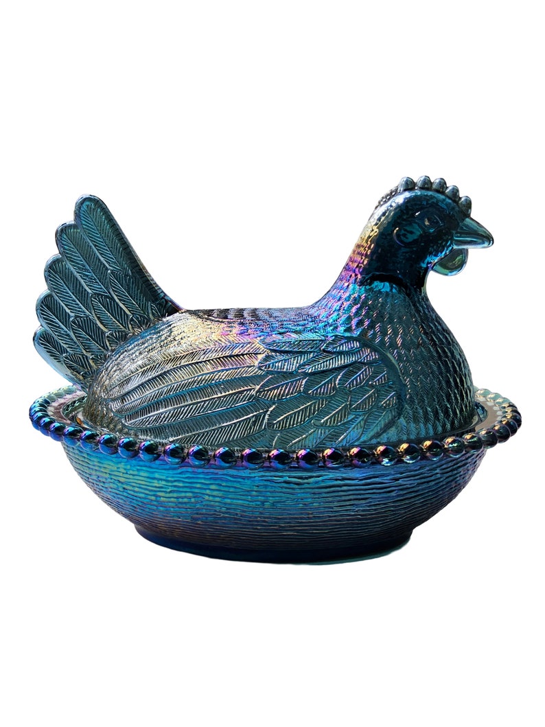 Indiana Glass Hen on Nest Iridized Teal